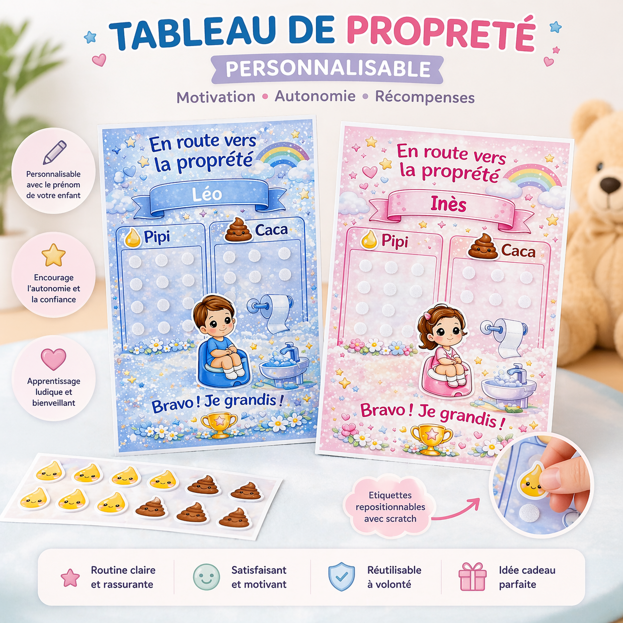 Tableau de propreté personnalisé – Fille ou Garçon – Méthode Montessori