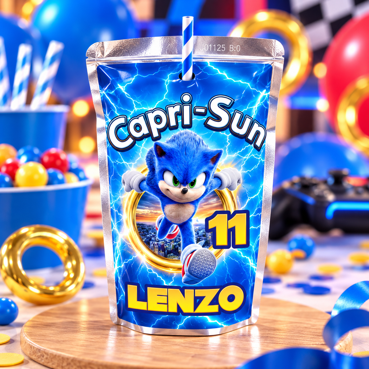 Exemple d’étiquette Capri-Sun thème Sonic avec prénom et âge personnalisables