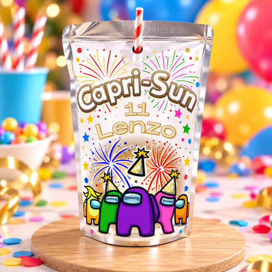Exemple d’étiquette Capri-Sun thème Among Us avec prénom et âge personnalisables