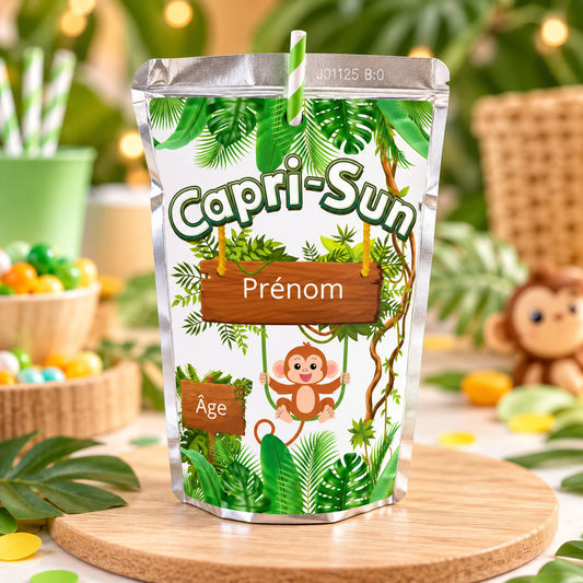 Exemple d’étiquette Capri-Sun thème Jungle avec prénom et âge personnalisables