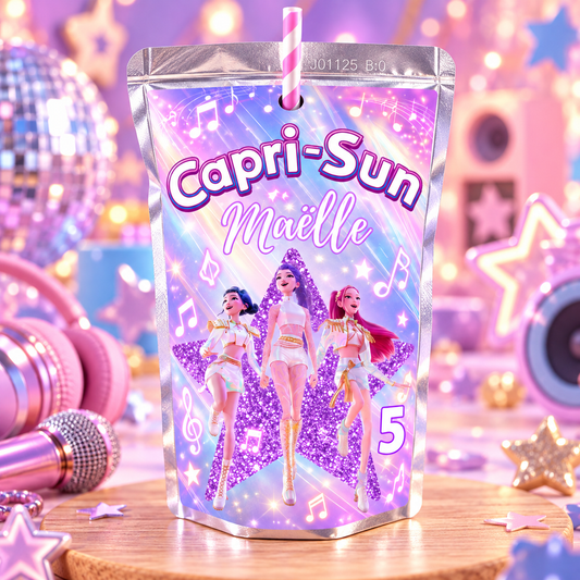 Exemple d’étiquette Capri-Sun thème K-Pop avec prénom et âge personnalisables