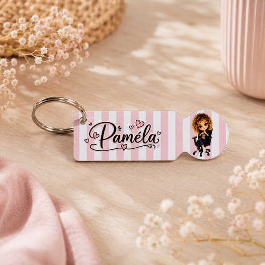Porte-clé Jeton de Caddie – Chibi + Prénom – Fond Rayé
