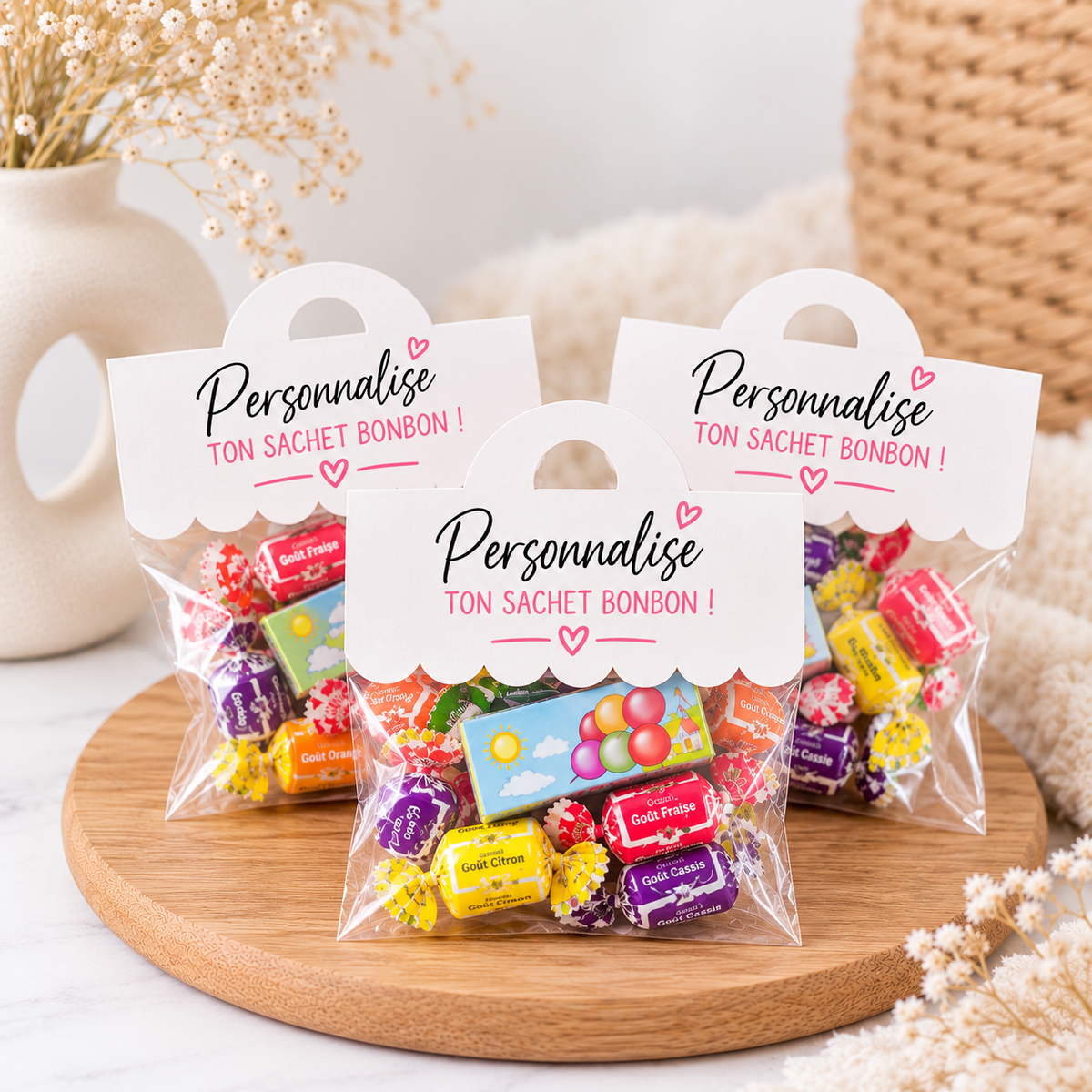Présentation de sachets personnalisables remplis de bonbons pour illustration, sachets vendus vides