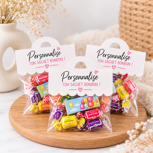 Présentation de sachets personnalisables remplis de bonbons pour illustration, sachets vendus vides