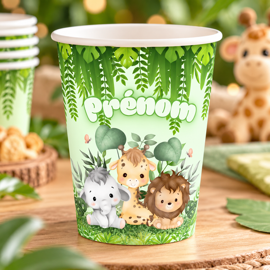 Exemple de gobelet en carton Jungle Baby avec prénom personnalisable