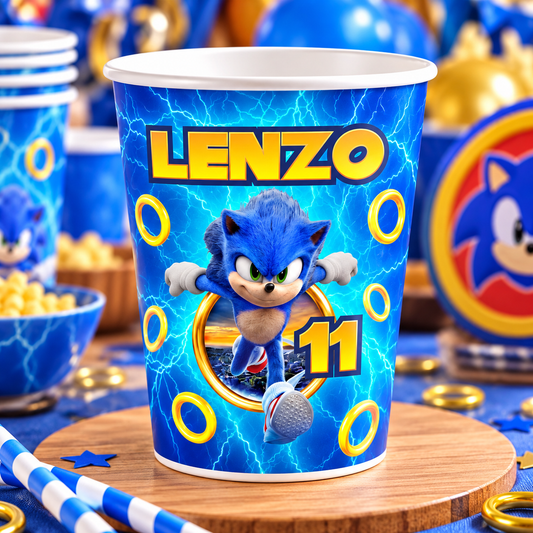 Exemple de gobelet en carton Sonic avec prénom et âge personnalisables